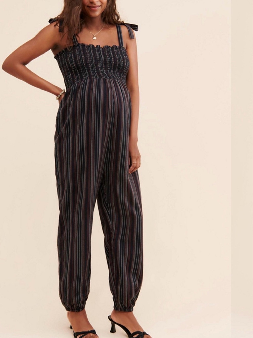 HATCH Collection "The Jojo" Smocked Bodice Jumpsuit - Black Stripe